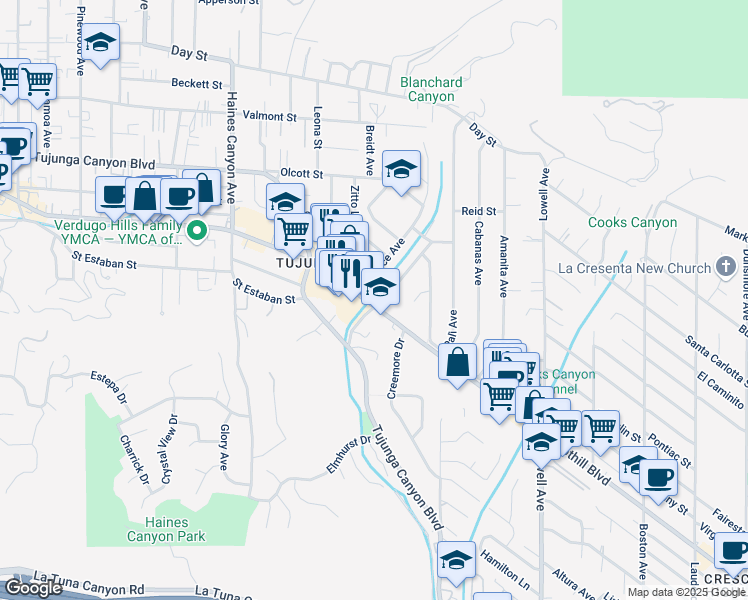 map of restaurants, bars, coffee shops, grocery stores, and more near 6501-102 Foothill Boulevard in Los Angeles