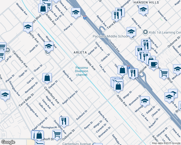 map of restaurants, bars, coffee shops, grocery stores, and more near 9622 Stanwin Avenue in Los Angeles