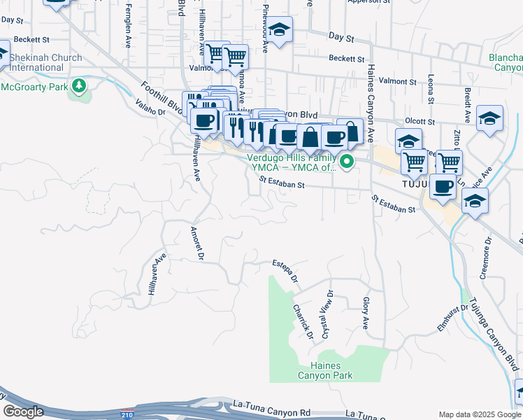 map of restaurants, bars, coffee shops, grocery stores, and more near 7132 High Cliff Trail in Los Angeles