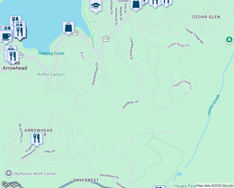 map of restaurants, bars, coffee shops, grocery stores, and more near 450 Merrimack Drive in Lake Arrowhead