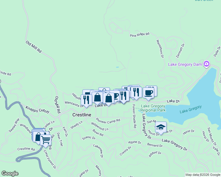 map of restaurants, bars, coffee shops, grocery stores, and more near 23930 Zuger Drive in Crestline