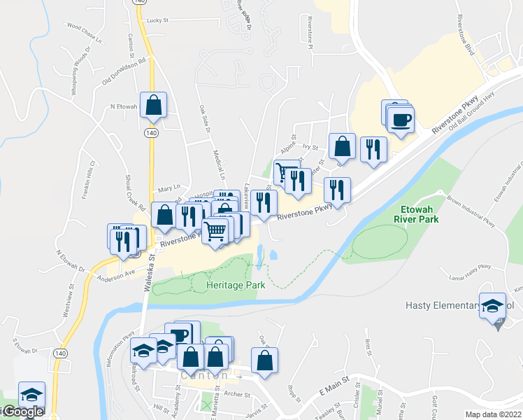 map of restaurants, bars, coffee shops, grocery stores, and more near 101 Juniper Street in Canton