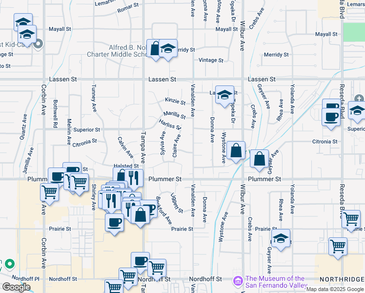 map of restaurants, bars, coffee shops, grocery stores, and more near 9601 Vanalden Avenue in Los Angeles