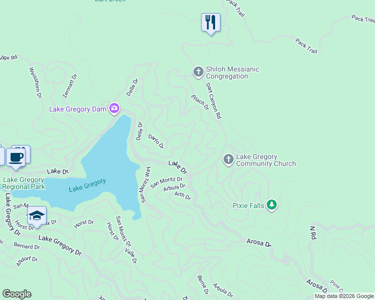 map of restaurants, bars, coffee shops, grocery stores, and more near 462 Davos Drive in Crestline