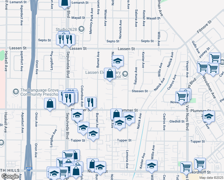 map of restaurants, bars, coffee shops, grocery stores, and more near 9615 Noble Avenue in Los Angeles