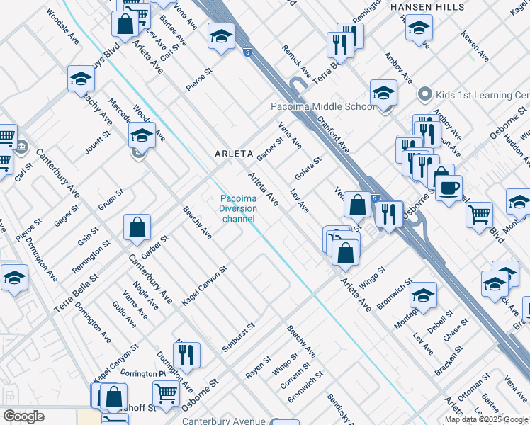 map of restaurants, bars, coffee shops, grocery stores, and more near 9622 Stanwin Avenue in Los Angeles