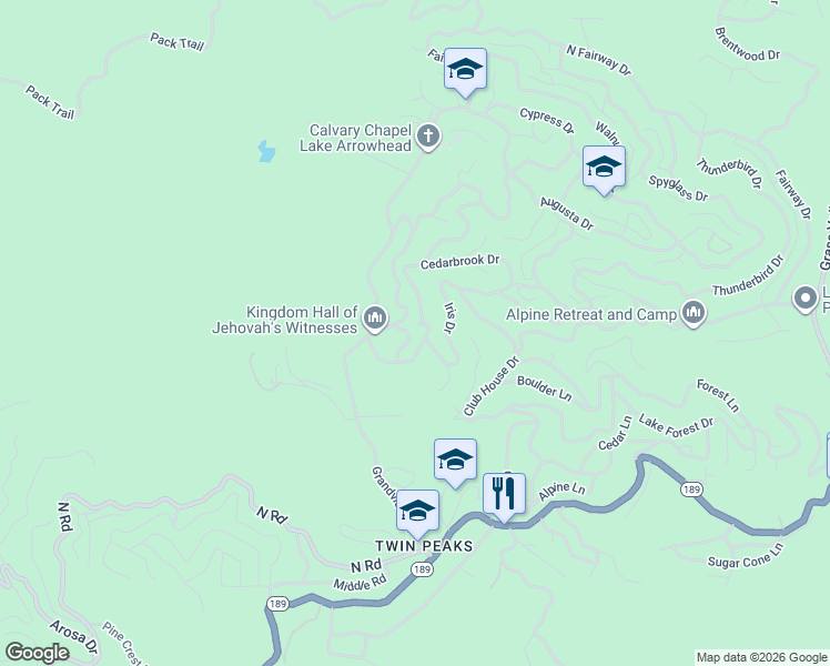 map of restaurants, bars, coffee shops, grocery stores, and more near 453 Oriole Drive in Twin Peaks