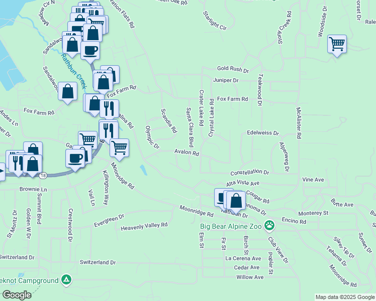 map of restaurants, bars, coffee shops, grocery stores, and more near 390 Santa Clara Boulevard in Big Bear Lake