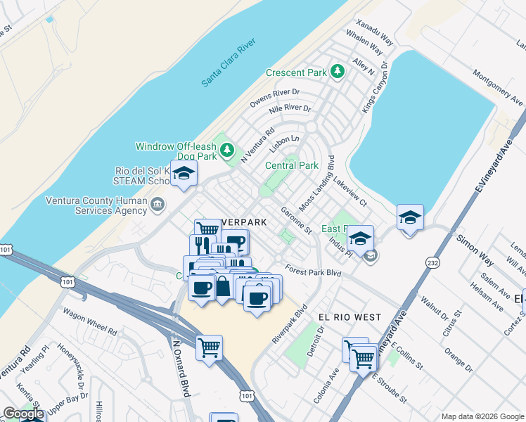 map of restaurants, bars, coffee shops, grocery stores, and more near 646 Green River Street in Oxnard