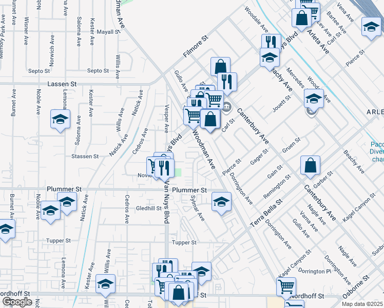 map of restaurants, bars, coffee shops, grocery stores, and more near 9625 Sylmar Avenue in Los Angeles