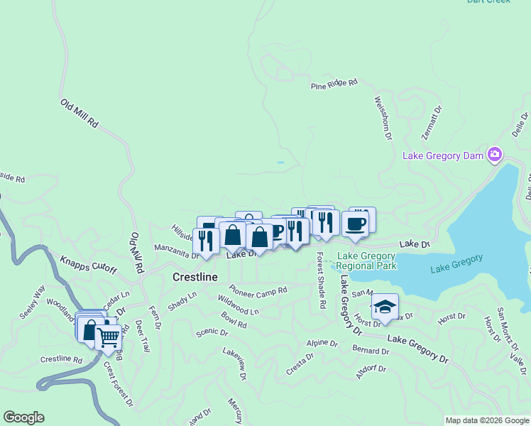 map of restaurants, bars, coffee shops, grocery stores, and more near 23930 Zuger Drive in Crestline