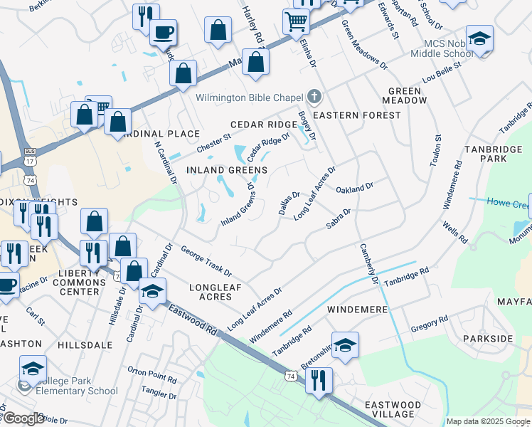 map of restaurants, bars, coffee shops, grocery stores, and more near 6023 Caddy Circle in Wilmington