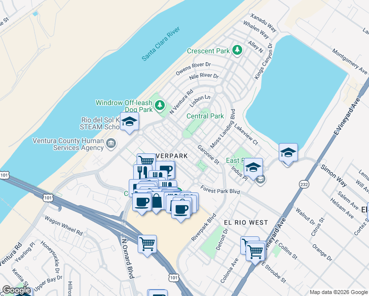 map of restaurants, bars, coffee shops, grocery stores, and more near 646 Green River Street in Oxnard