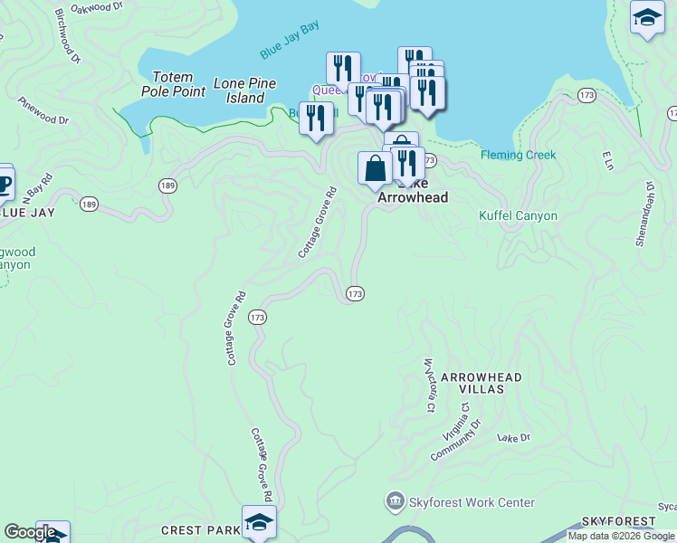 map of restaurants, bars, coffee shops, grocery stores, and more near 465 California 173 in Lake Arrowhead
