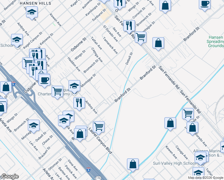 map of restaurants, bars, coffee shops, grocery stores, and more near 9647 Pine Orchard Street in Los Angeles