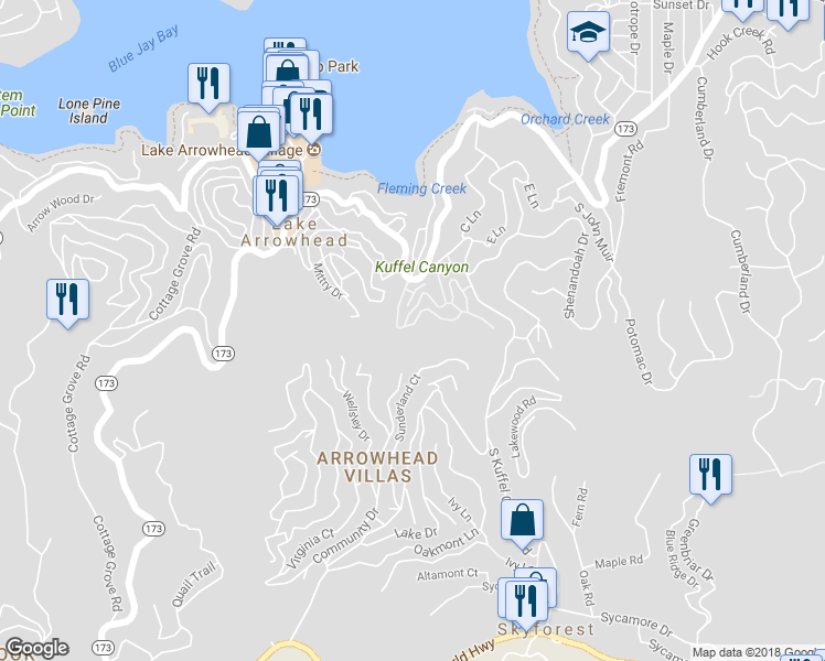 map of restaurants, bars, coffee shops, grocery stores, and more near 307 Canyon Crest Lane in Lake Arrowhead