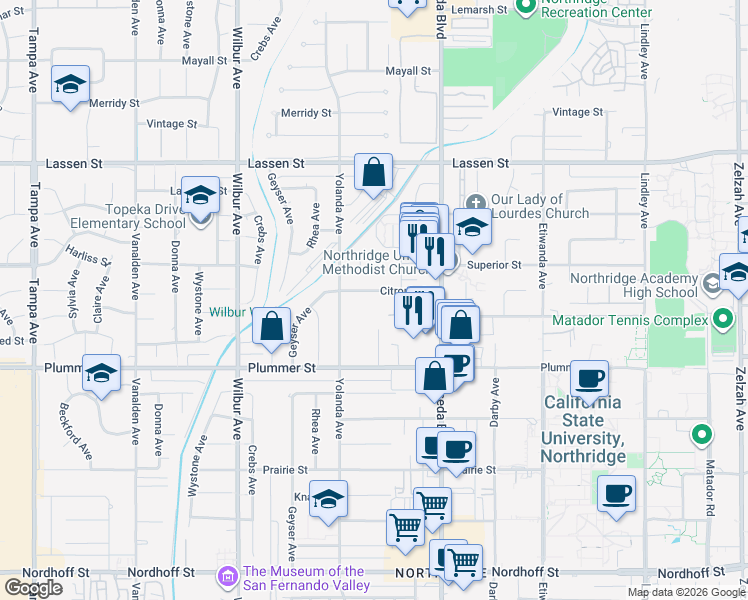 map of restaurants, bars, coffee shops, grocery stores, and more near 18620 Citronia Street in Los Angeles
