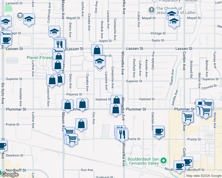 map of restaurants, bars, coffee shops, grocery stores, and more near 9641 Comanche Avenue in Los Angeles