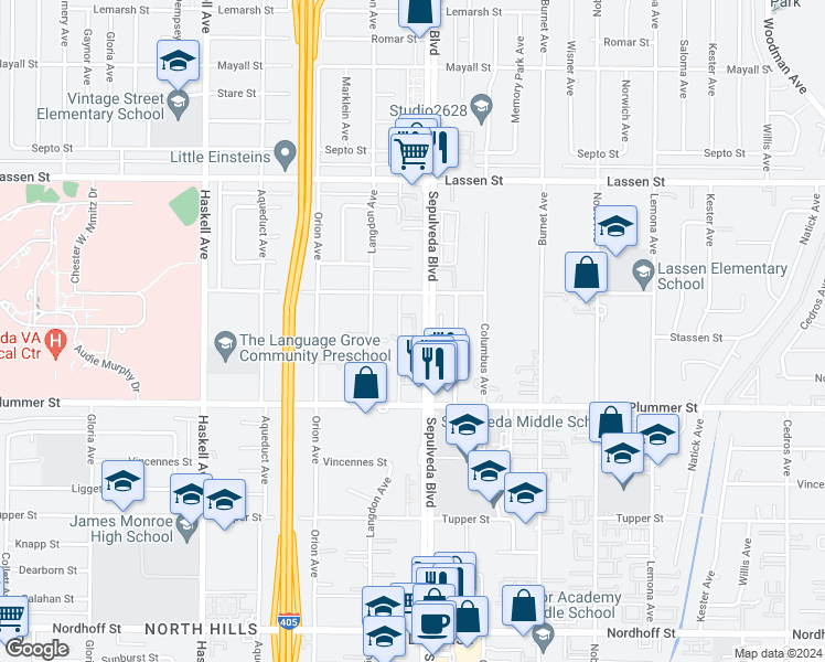 map of restaurants, bars, coffee shops, grocery stores, and more near 9615 Sepulveda Boulevard in Los Angeles