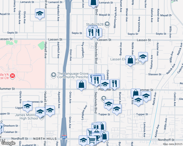 map of restaurants, bars, coffee shops, grocery stores, and more near 9601 Sepulveda Boulevard in Los Angeles