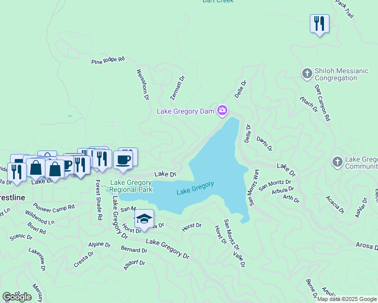 map of restaurants, bars, coffee shops, grocery stores, and more near 441 Zermatt Drive in Crestline