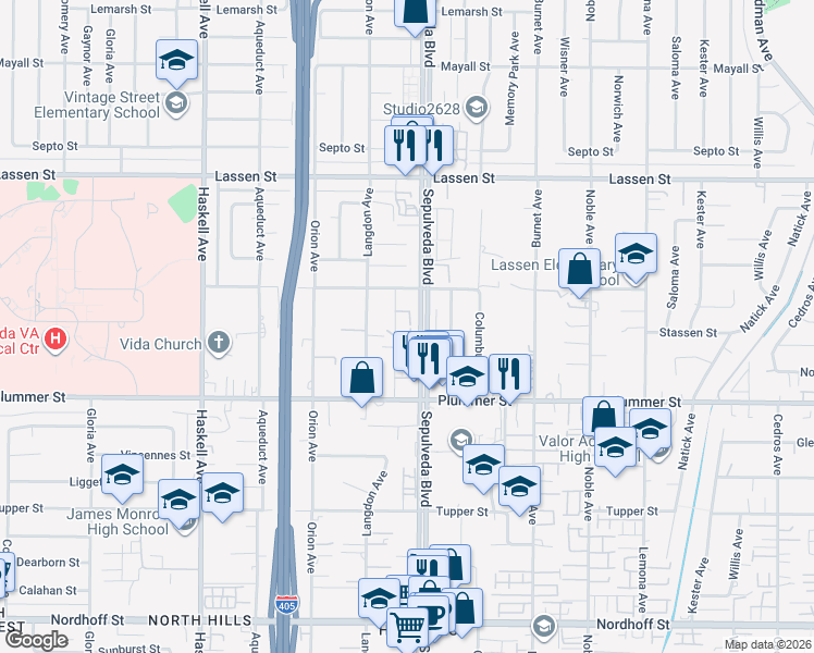 map of restaurants, bars, coffee shops, grocery stores, and more near 9615 Sepulveda Boulevard in Los Angeles