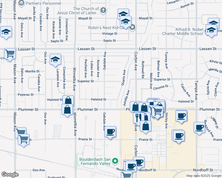 map of restaurants, bars, coffee shops, grocery stores, and more near 19832 Citronia Street in Los Angeles