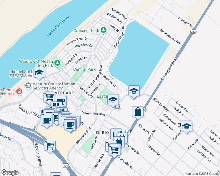 map of restaurants, bars, coffee shops, grocery stores, and more near 351 Kiawah River Drive in Oxnard