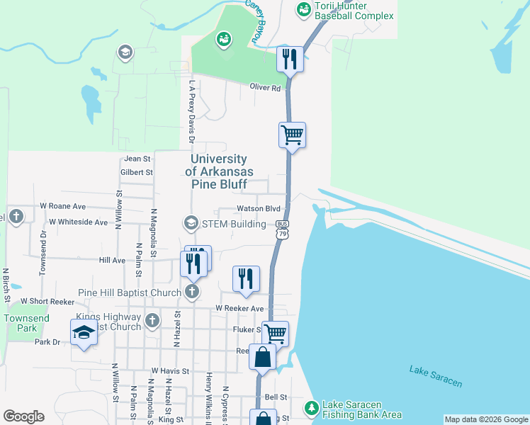 map of restaurants, bars, coffee shops, grocery stores, and more near 71 Watson Boulevard in Pine Bluff