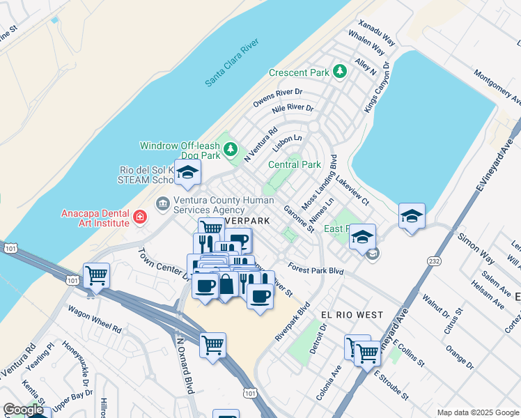 map of restaurants, bars, coffee shops, grocery stores, and more near 3024 North Oxnard Boulevard in Oxnard