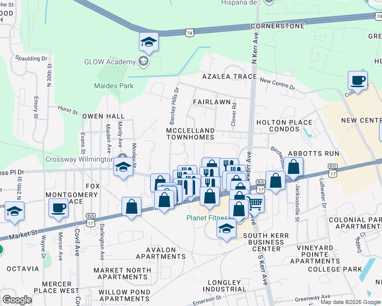 map of restaurants, bars, coffee shops, grocery stores, and more near 313 Saint Rosea Road in Wilmington