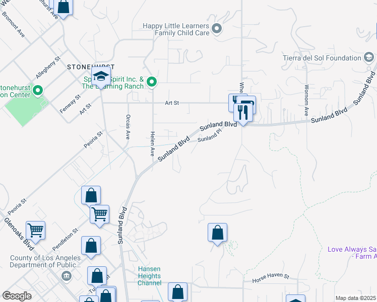 map of restaurants, bars, coffee shops, grocery stores, and more near 9578 Sunland Boulevard in Los Angeles