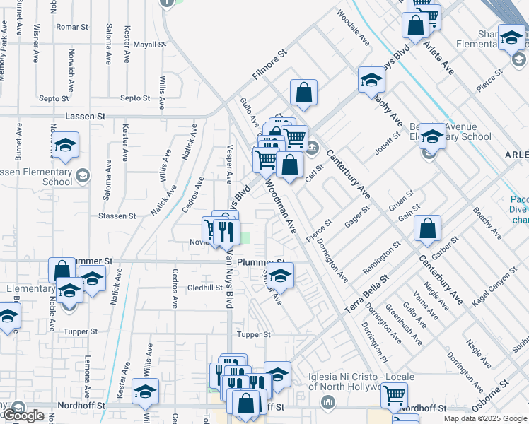 map of restaurants, bars, coffee shops, grocery stores, and more near 9625 Sylmar Avenue in Los Angeles