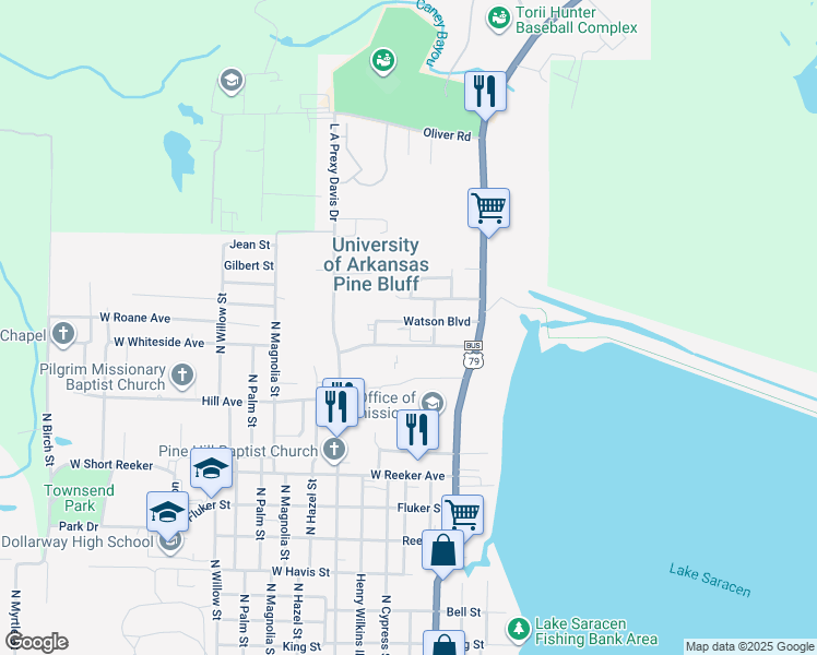 map of restaurants, bars, coffee shops, grocery stores, and more near 55 Watson Boulevard in Pine Bluff