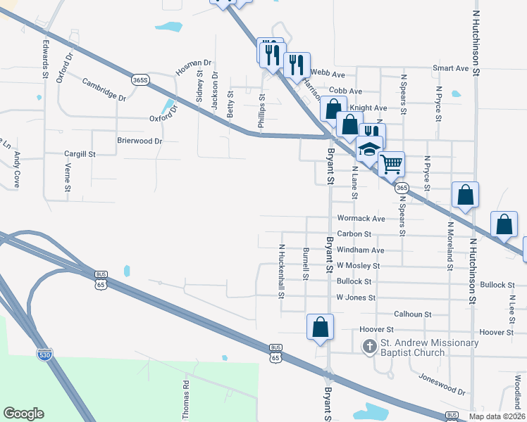 map of restaurants, bars, coffee shops, grocery stores, and more near 6215 Wormack Avenue in Pine Bluff