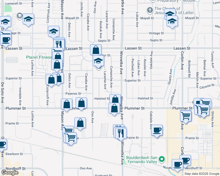 map of restaurants, bars, coffee shops, grocery stores, and more near 20223 Itasca Street in Los Angeles