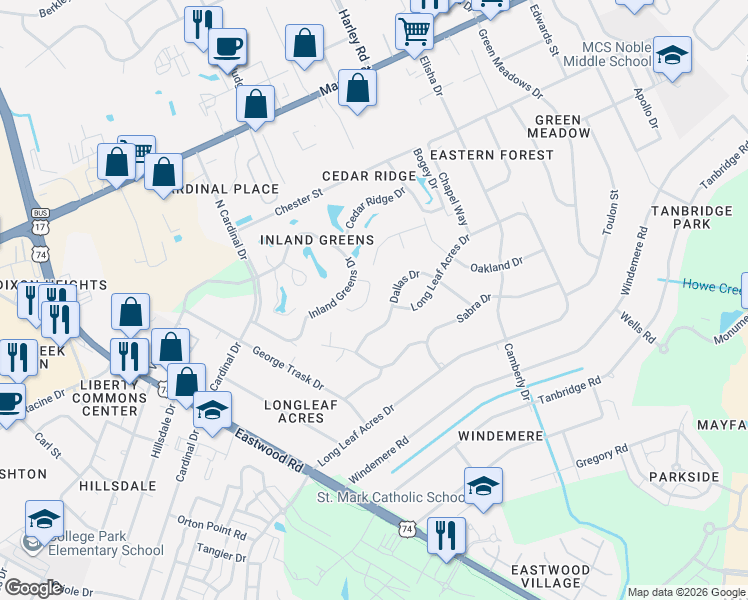 map of restaurants, bars, coffee shops, grocery stores, and more near 6008 Caddy Circle in Wilmington