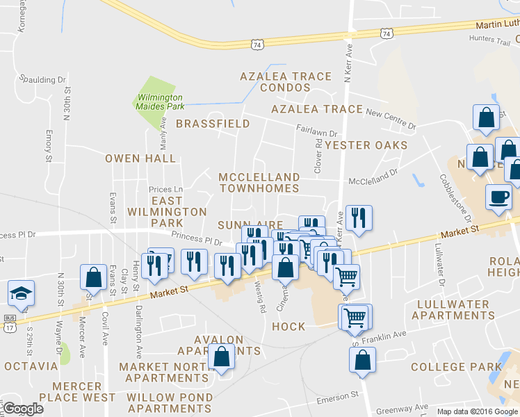 map of restaurants, bars, coffee shops, grocery stores, and more near 309 Saint Rosea Road in Wilmington