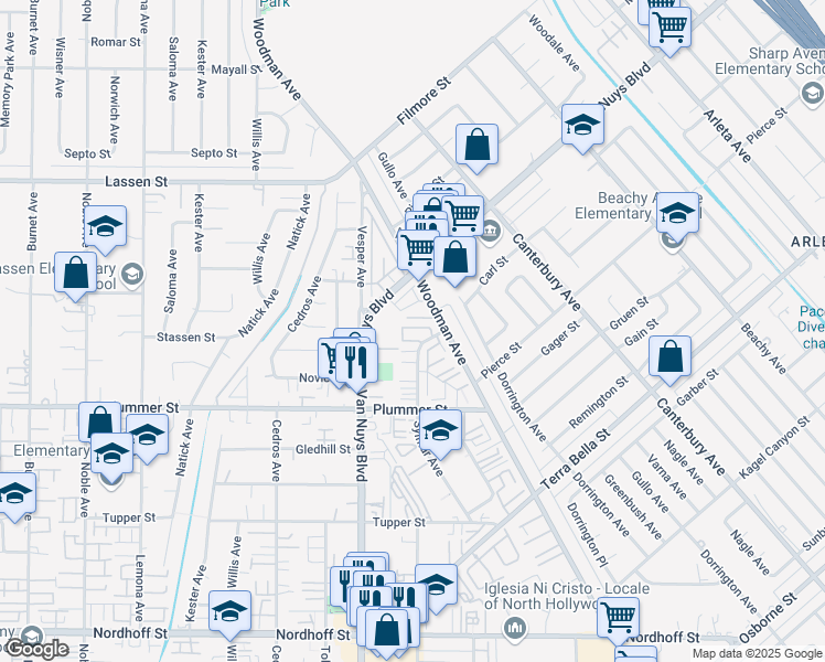 map of restaurants, bars, coffee shops, grocery stores, and more near 9625 Sylmar Avenue in Los Angeles