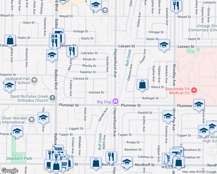 map of restaurants, bars, coffee shops, grocery stores, and more near 9616 Gerald Avenue in Los Angeles