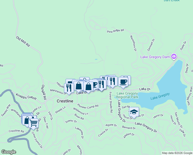 map of restaurants, bars, coffee shops, grocery stores, and more near 23965 Zurich Drive in Crestline
