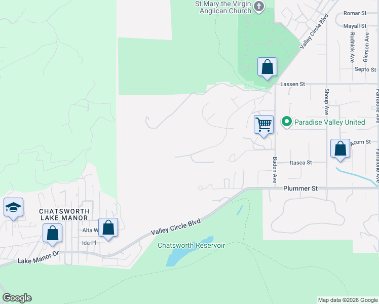map of restaurants, bars, coffee shops, grocery stores, and more near 9547 Andora Avenue in Los Angeles