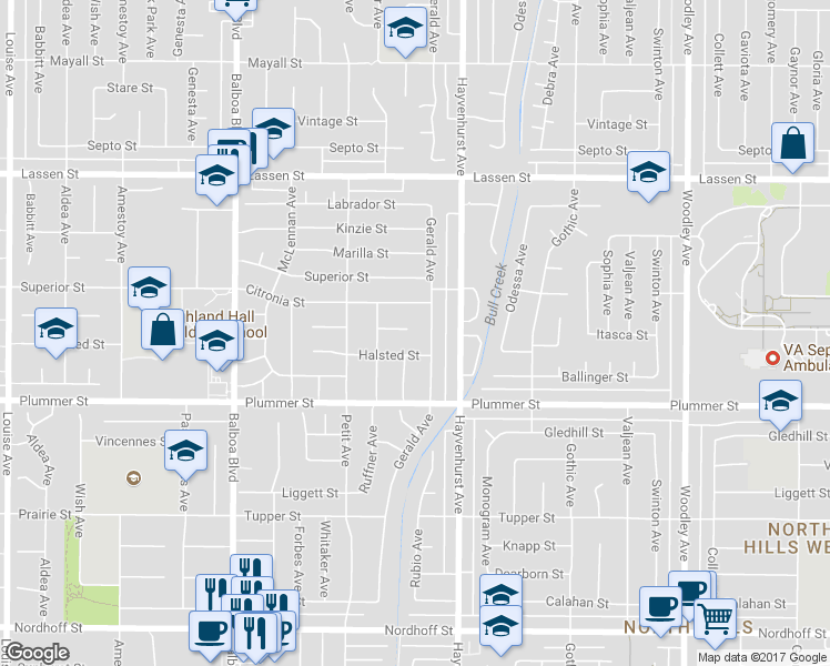 map of restaurants, bars, coffee shops, grocery stores, and more near 16652 Itasca Street in Los Angeles