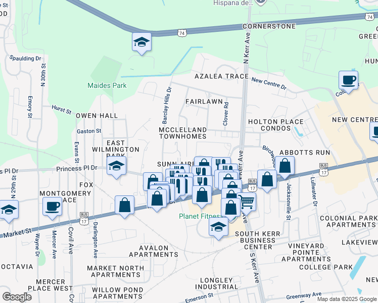 map of restaurants, bars, coffee shops, grocery stores, and more near 316 Saint Rosea Road in Wilmington