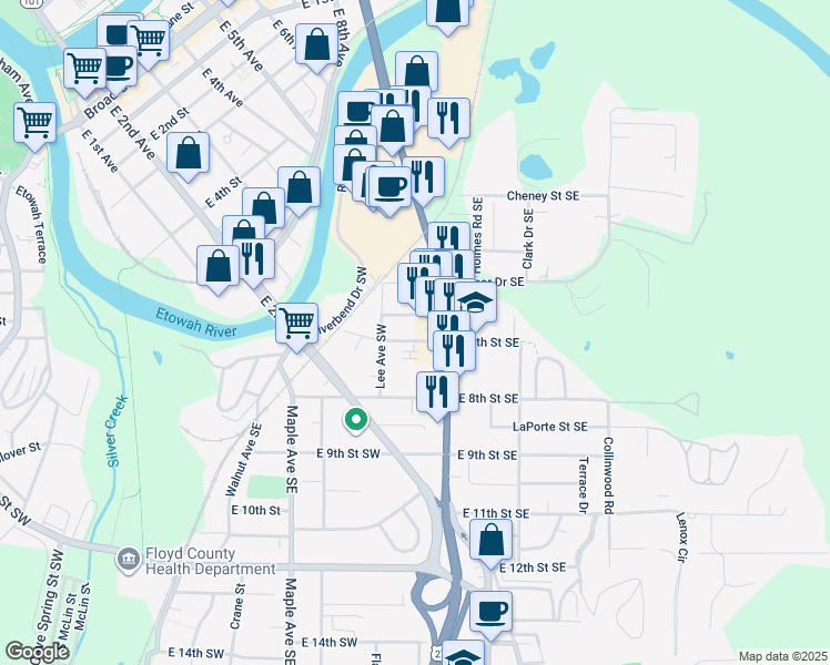 map of restaurants, bars, coffee shops, grocery stores, and more near 313 East 7th Street Southwest in Rome