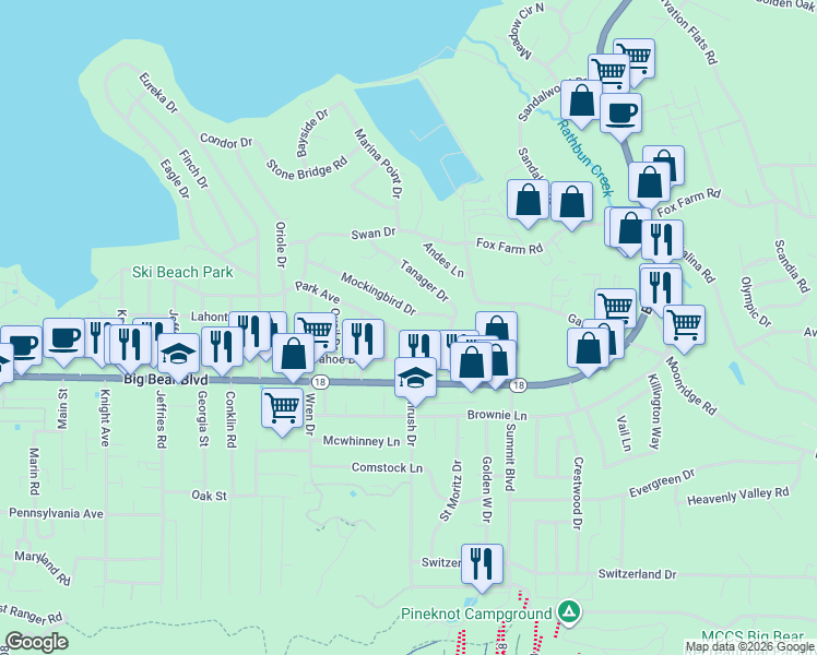 map of restaurants, bars, coffee shops, grocery stores, and more near 41692 Park Avenue in Big Bear Lake