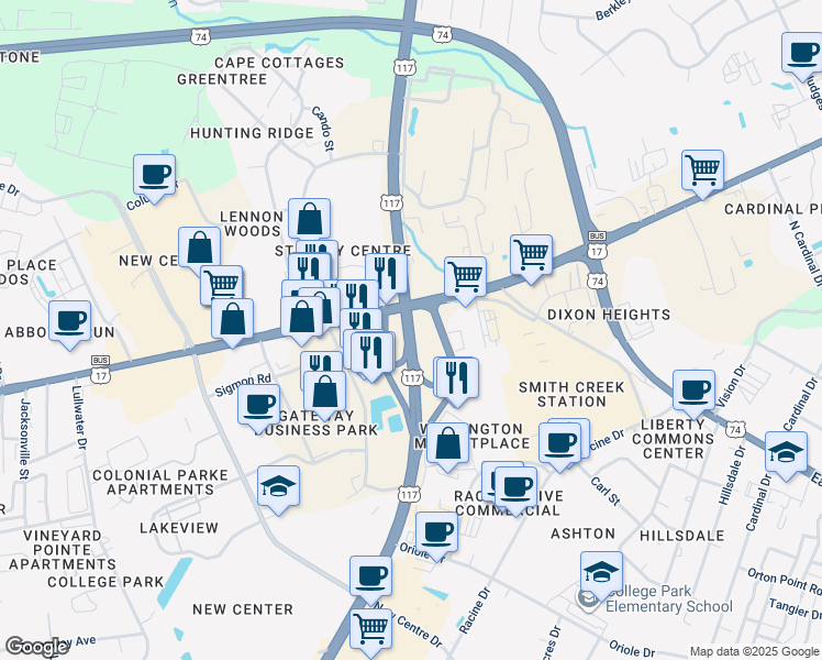 map of restaurants, bars, coffee shops, grocery stores, and more near 27 South College Road in Wilmington
