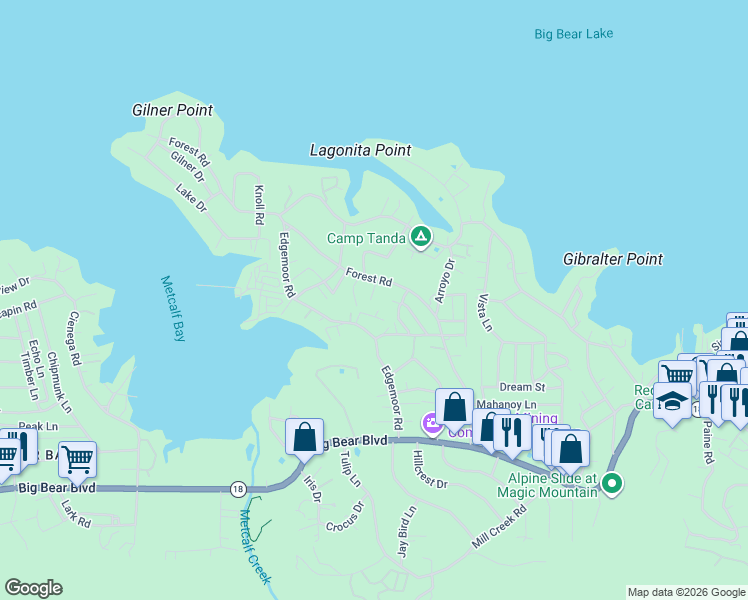 map of restaurants, bars, coffee shops, grocery stores, and more near 415 Piney Lane in Big Bear Lake