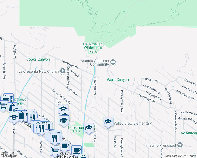 map of restaurants, bars, coffee shops, grocery stores, and more near 5222 New York Avenue in Glendale