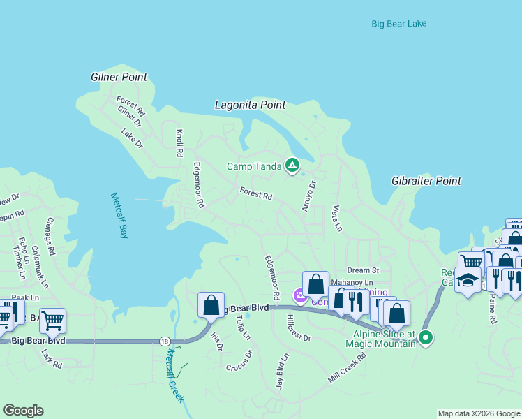 map of restaurants, bars, coffee shops, grocery stores, and more near 428 Shady Lane in Big Bear Lake